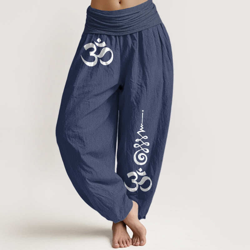 Buddha Stones Cotton Calm OM Energy Lines Pattern Women's Elastic Waist Harem Pants - DarkSlateBlue - US16，UK/AU20，EU48 (3XL) - image 5