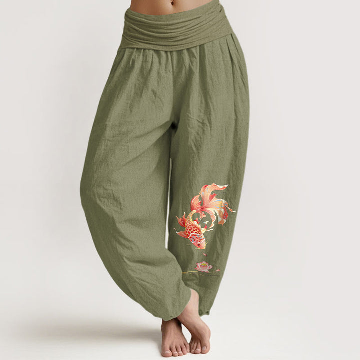 Buddha Stones Cotton Luck Koi Fish Lotus Pattern Women's Elastic Waist Harem Pants - OliveDrab - US16，UK/AU20，EU48 (3XL) - image 14
