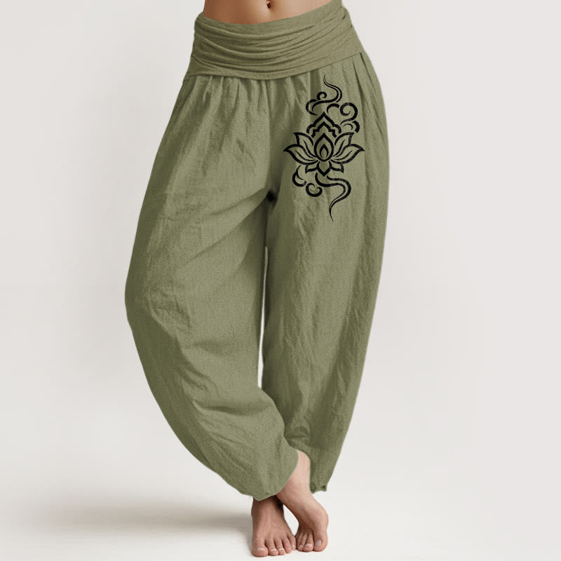 Buddha Stones Cotton Simple Lotus Pattern Women's Elastic Waist Harem Pants - OliveDrab - US16，UK/AU20，EU48 (3XL) - image 14
