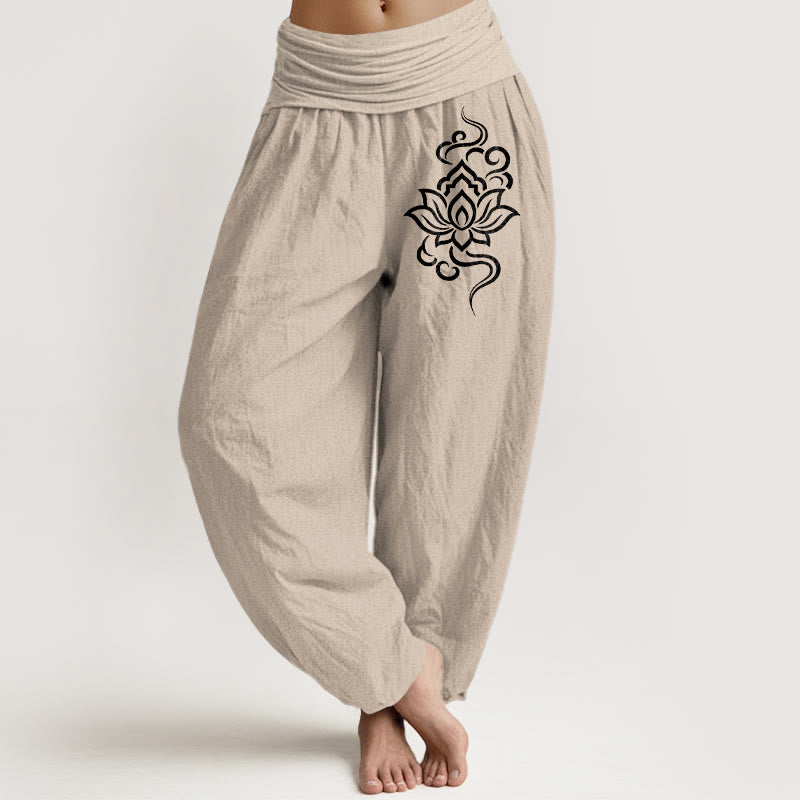 Buddha Stones Cotton Simple Lotus Pattern Women's Elastic Waist Harem Pants - Tan - US16，UK/AU20，EU48 (3XL) - image 0