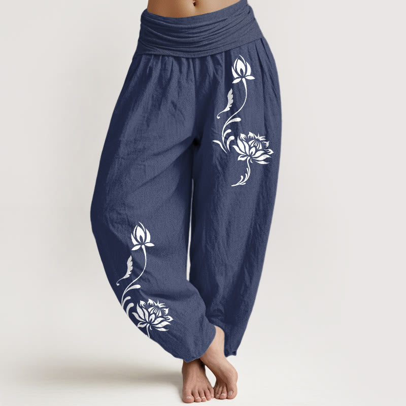 Buddha Stones Cotton Stable Lotus Petals Pattern Women's Elastic Waist Harem Pants - DarkSlateBlue - US16，UK/AU20，EU48 (3XL) - image 0