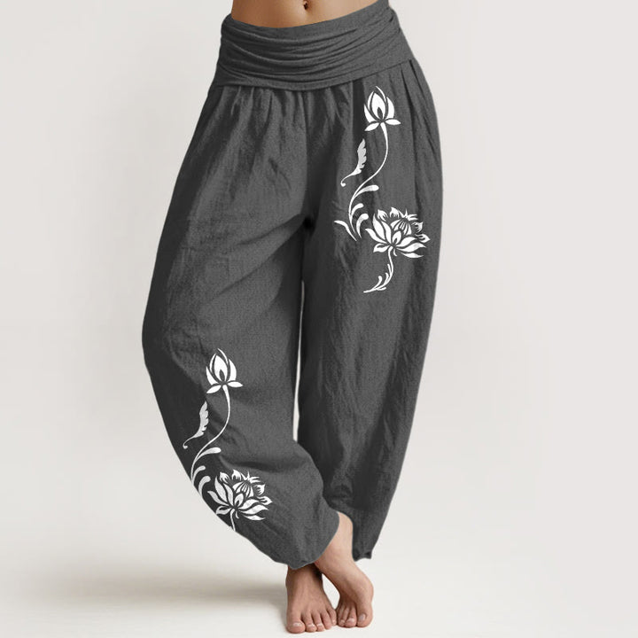 Buddha Stones Cotton Stable Lotus Petals Pattern Women's Elastic Waist Harem Pants - DimGray - US16，UK/AU20，EU48 (3XL) - image 8
