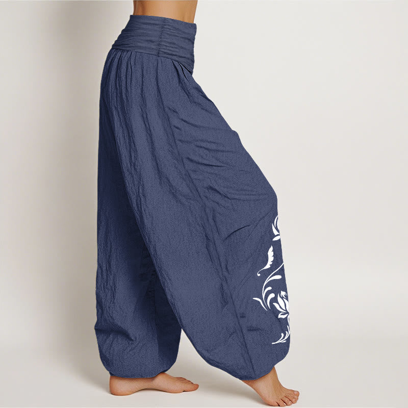 Buddha Stones Cotton Stable Lotus Petals Pattern Women's Elastic Waist Harem Pants - image 1