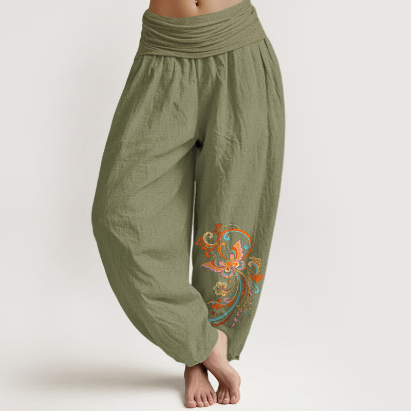 Buddha Stones Cotton Free Butterfly Auspicious Cloud Pattern Women's Elastic Waist Harem Pants - OliveDrab - US16，UK/AU20，EU48 (3XL) - image 14