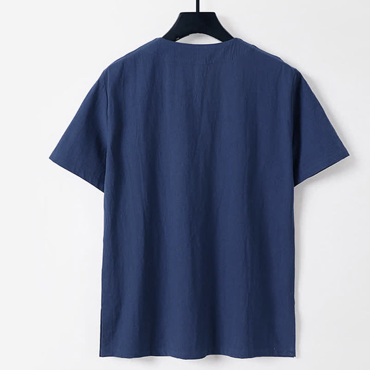 Buddha Stones Solid Color Frog-Button Short Sleeve Notched Collar Men's Cotton Linen T-Shirt - image 4