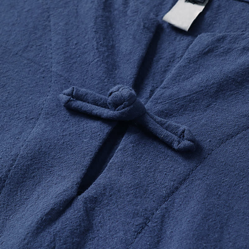 Buddha Stones Solid Color Frog-Button Short Sleeve Notched Collar Men's Cotton Linen T-Shirt - image 6