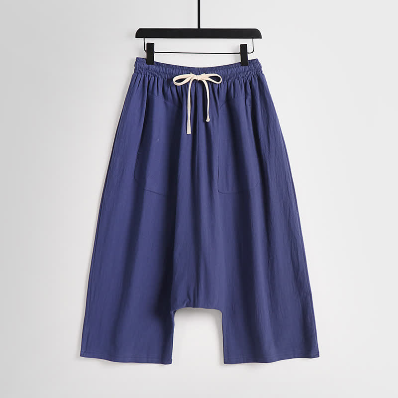 Buddha Stones Plain Drop Crotch Design Cotton Linen Men's Harem 7-8 Length Pants - Indigo - US/UK/AU54，EU64 (9XL) - image 12