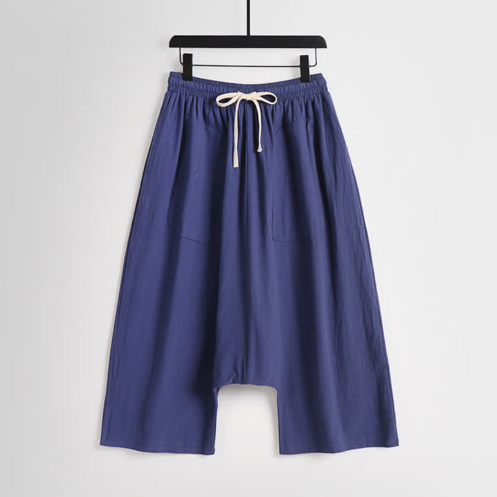 Buddha Stones Plain Drop Crotch Design Cotton Linen Men's Harem 7-8 Length Pants - Indigo - US/UK/AU54，EU64 (9XL) - image 12