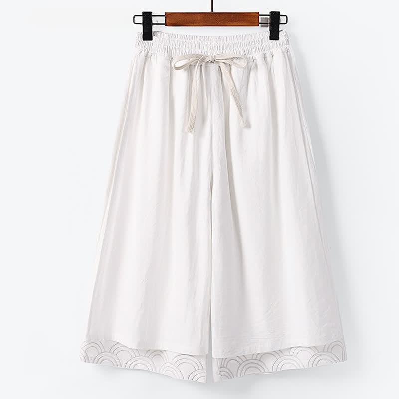 Buddha Stones Summer Embroidery Capri Length Cotton Linen Men's Wide Leg Pants With Pockets - White - US/UK/AU50，EU60 (7XL) - image 1