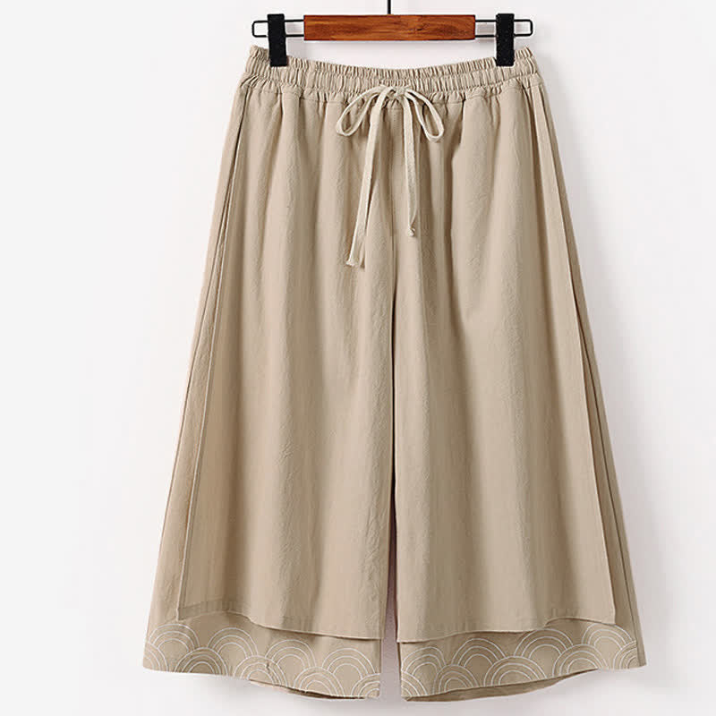 Buddha Stones Summer Embroidery Capri Length Cotton Linen Men's Wide Leg Pants With Pockets - Tan - US/UK/AU50，EU60 (7XL) - image 4