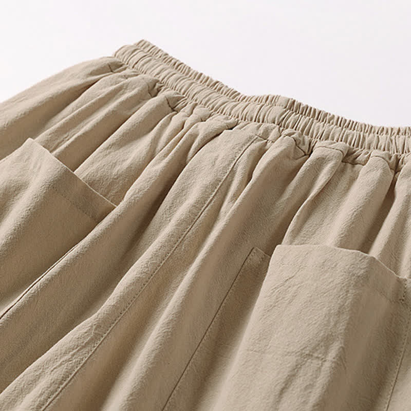 Buddha Stones Summer Embroidery Capri Length Cotton Linen Men's Wide Leg Pants With Pockets - image 7