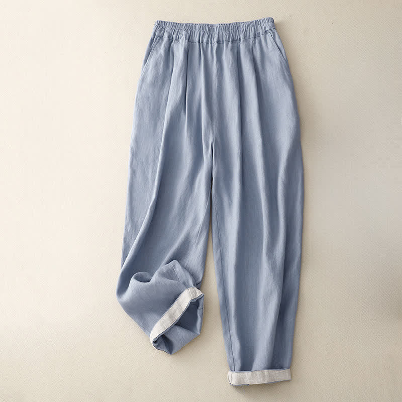 Buddha Stones Summer Plain Elastic Waist Two-tone Cuffs Cropped Women's Tapered Pants With Pockets - image 0