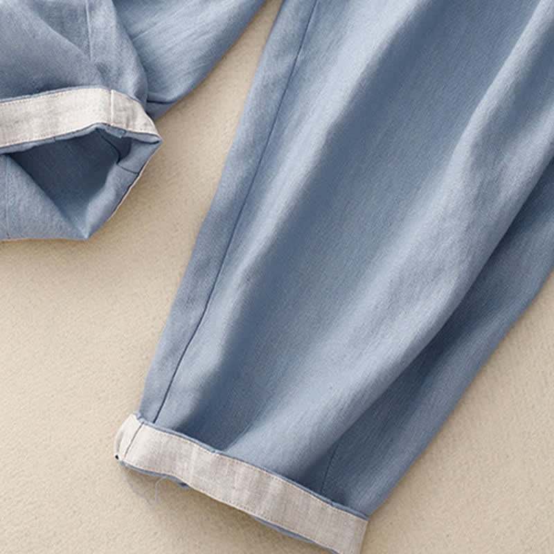 Buddha Stones Summer Plain Elastic Waist Two-tone Cuffs Cropped Women's Tapered Pants With Pockets - image 4