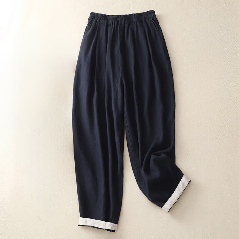 Buddha Stones Summer Plain Elastic Waist Two-tone Cuffs Cropped Women's Tapered Pants With Pockets - image 6