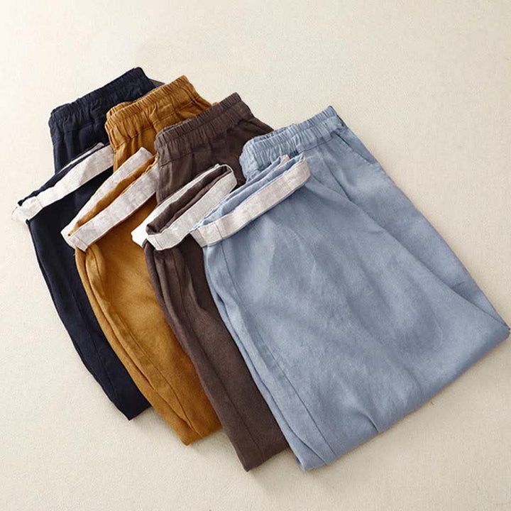 Buddha Stones Summer Plain Elastic Waist Two-tone Cuffs Cropped Women's Tapered Pants With Pockets - image 26