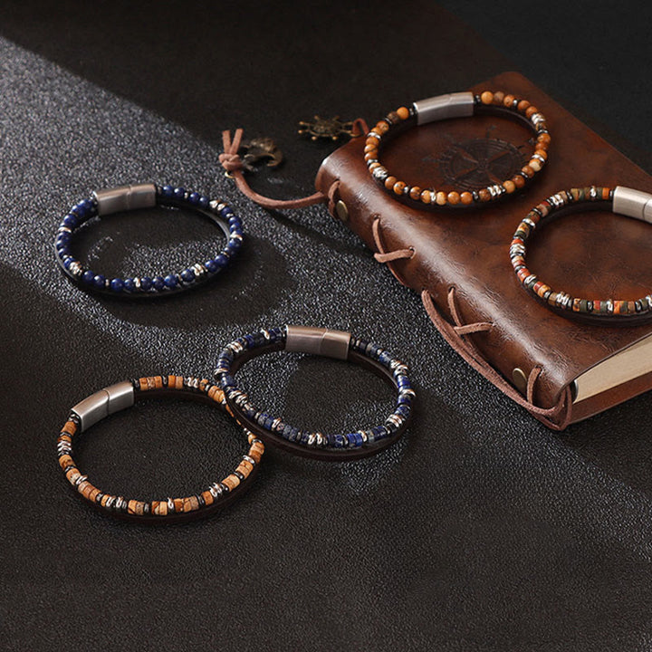 Buddha Stones Lapis Lazuli Tiger Eye Bead Balance Leather Bracelet - image 10