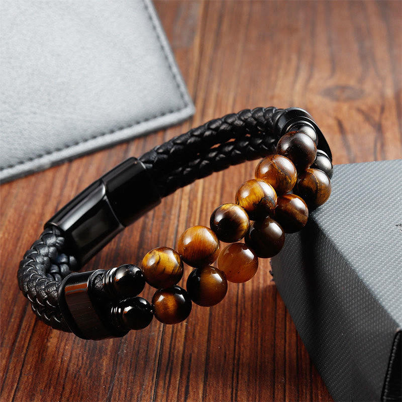 Buddha Stones Tiger Eye Double Wrap Braided Leather Protection Bracelet - image 1