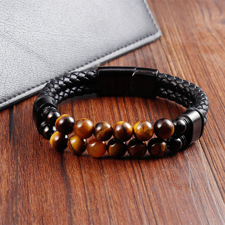 Buddha Stones Tiger Eye Double Wrap Braided Leather Protection Bracelet - image 3