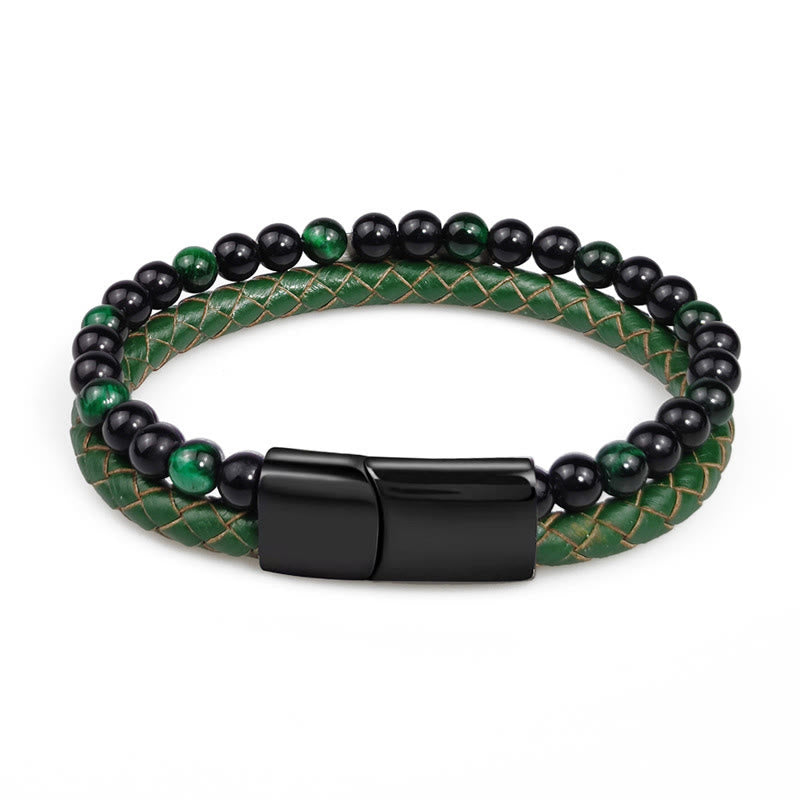 Buddha Stones Green Tiger Eye Double Wrap Braided Leather Strength Bracelet - image 4