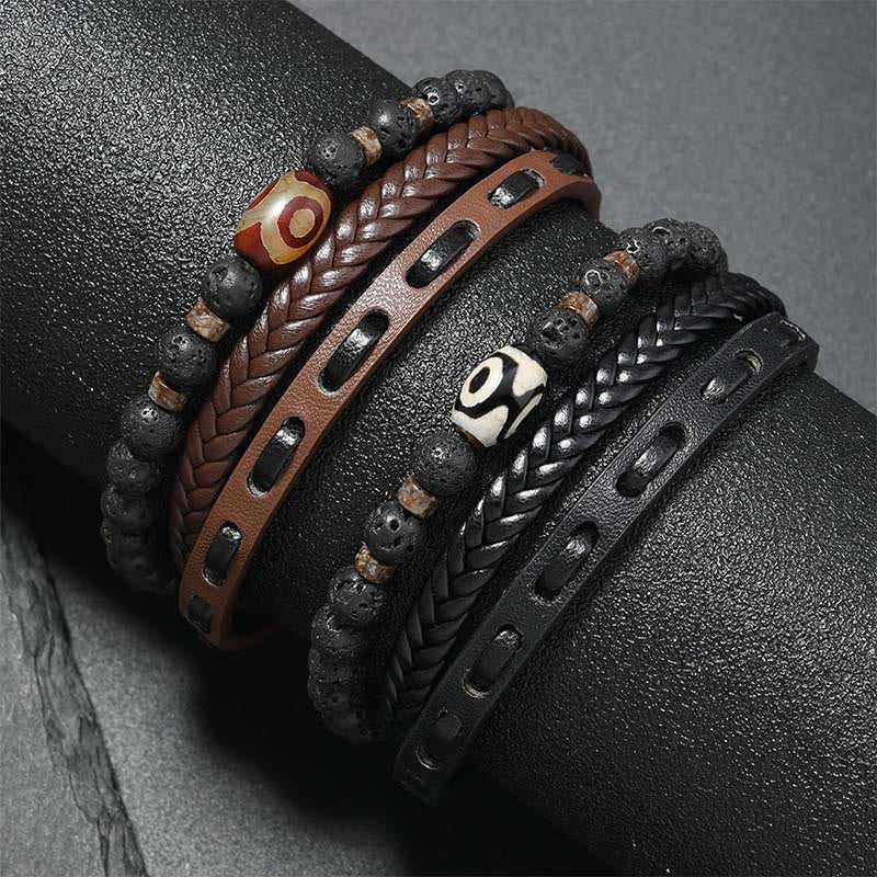 Buddha Stones Dzi Bead Lava Rock Multilayered Braided Leather Wealth Bracelet - image 9