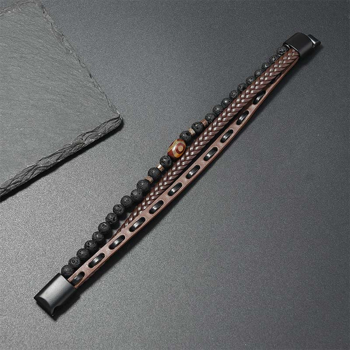 Buddha Stones Dzi Bead Lava Rock Multilayered Braided Leather Wealth Bracelet - image 8