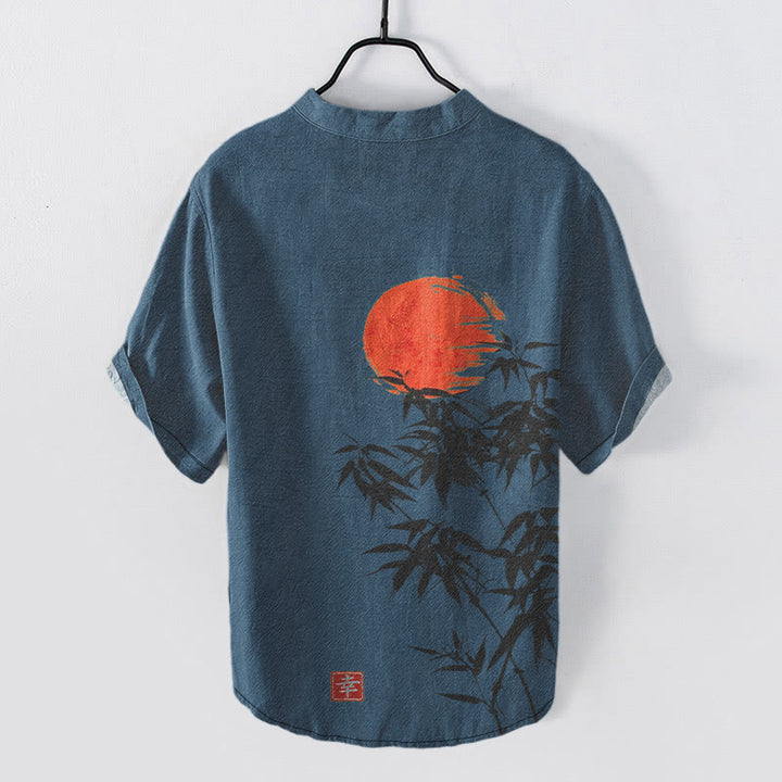 Buddha Stones Cotton Simple Red Sun Bamboo Pattern Men's Short Sleeve Half Button Shirt - image 7