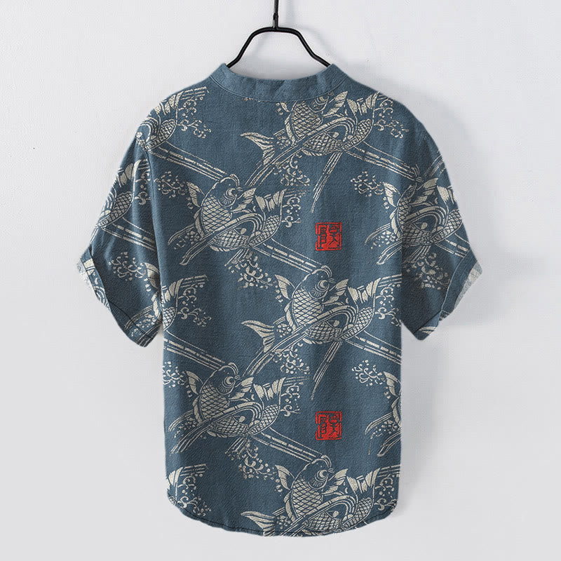 Buddha Stones Cotton Koi Fish Bamboo Pattern Men's Short Sleeve Half Button Shirt - image 7