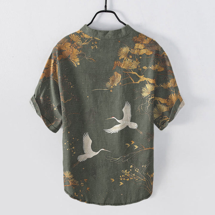 Buddha Stones Cotton Pine Tree White Crane Pattern Men's Short Sleeve Half Button Shirt - image 7