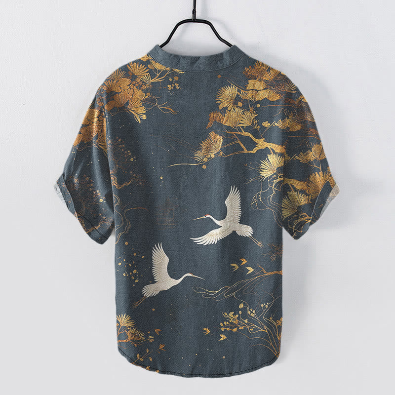 Buddha Stones Cotton Pine Tree White Crane Pattern Men's Short Sleeve Half Button Shirt - image 5