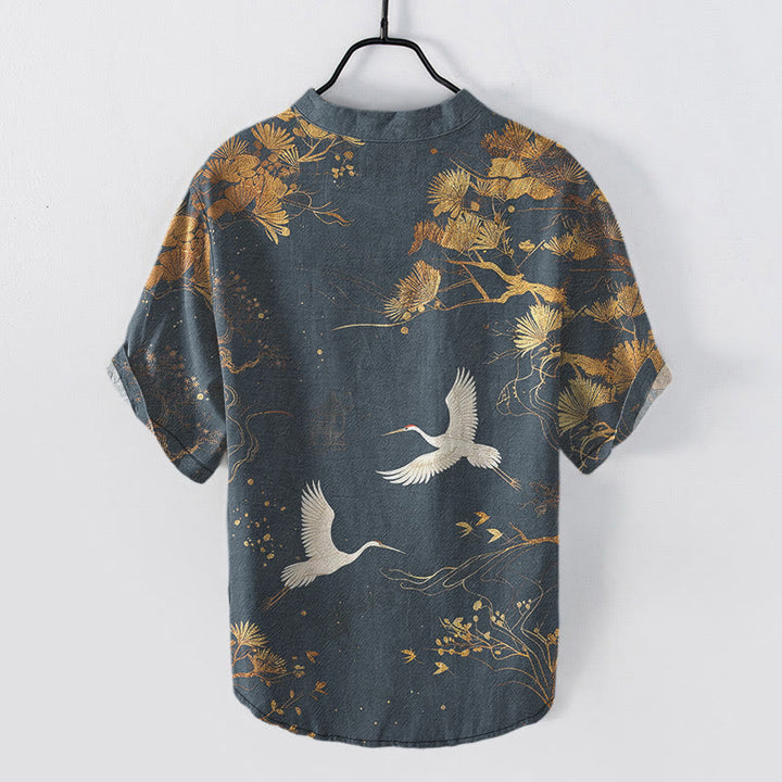 Buddha Stones Cotton Pine Tree White Crane Pattern Men's Short Sleeve Half Button Shirt - image 5