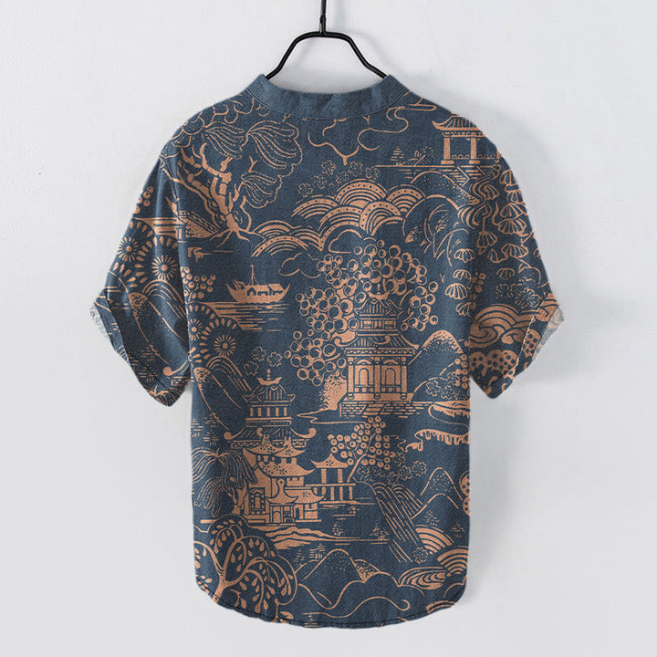 Buddha Stones Cotton Nature Towers Landscape Pattern Men's Short Sleeve Half Button Shirt - image 5