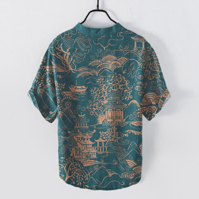 Buddha Stones Cotton Nature Towers Landscape Pattern Men's Short Sleeve Half Button Shirt - image 1