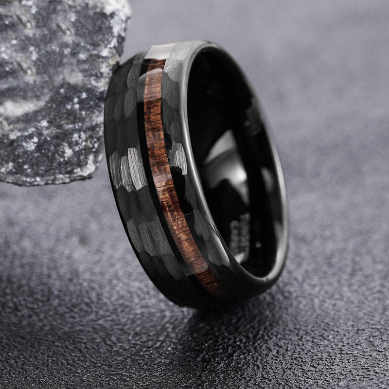 Buddha Stones Hammered Texture Inlay Tungsten Steel Endurance Ring - image 1