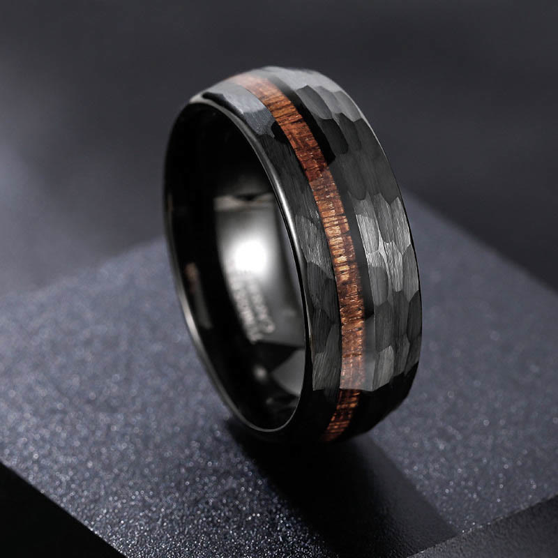 Buddha Stones Hammered Texture Inlay Tungsten Steel Endurance Ring - image 3