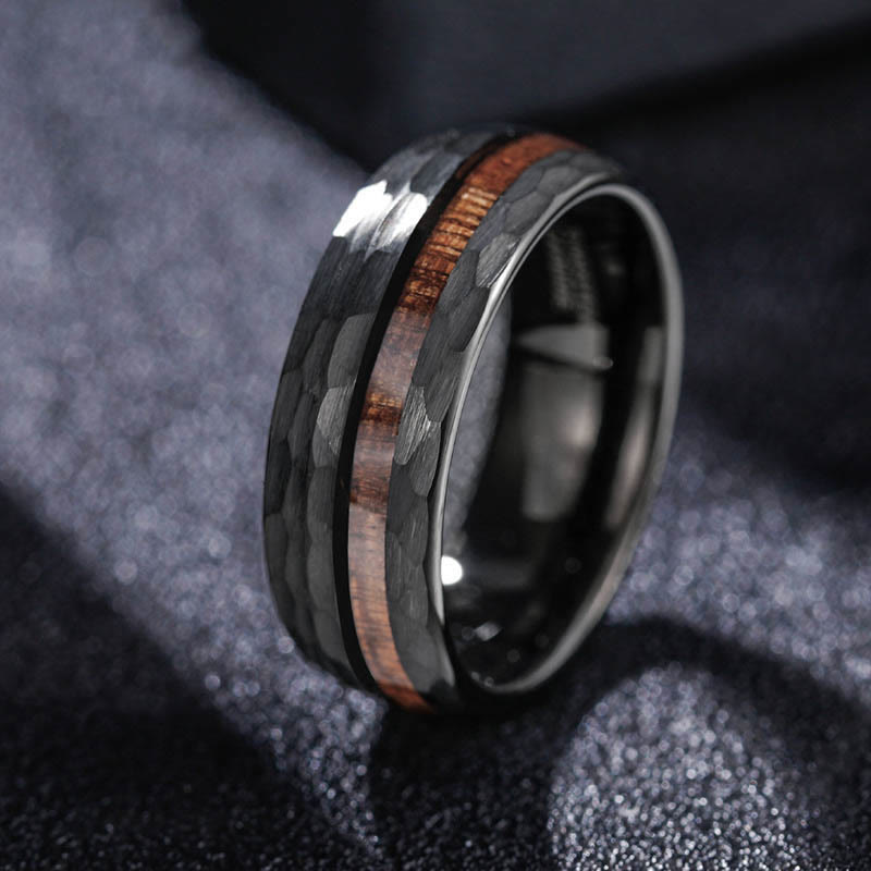 Buddha Stones Hammered Texture Inlay Tungsten Steel Endurance Ring - 21.4mm - image 0