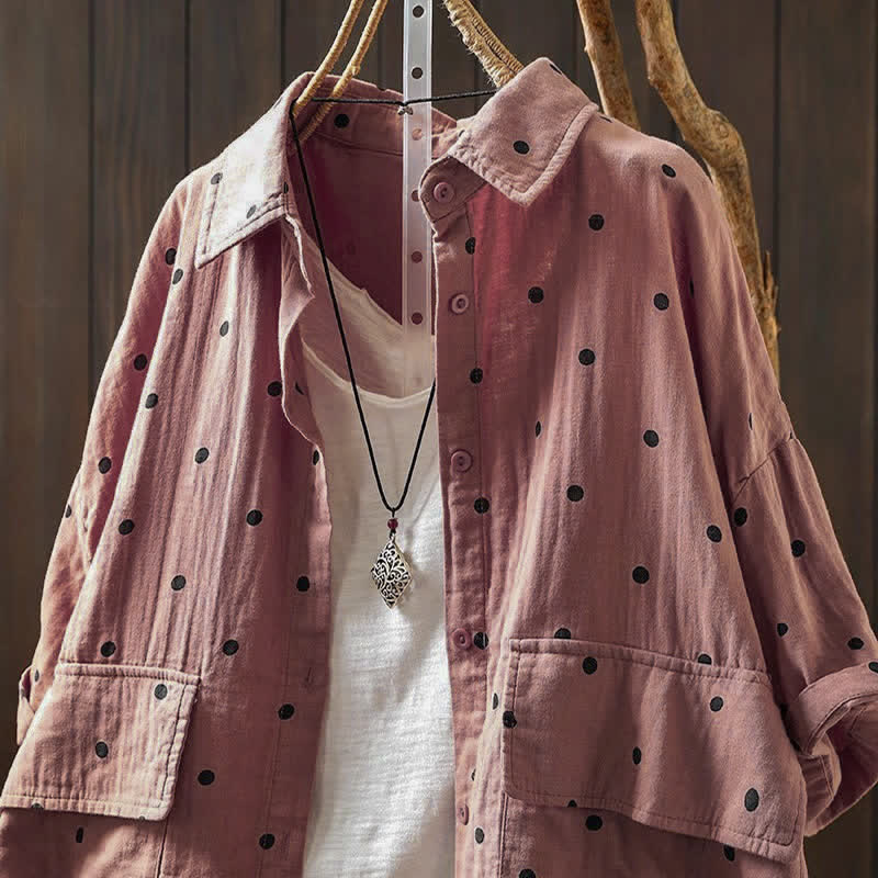 Buddha Stones Women's Commute Short Sleeve Polka Dot Lapel Cotton Shirt With Pockets - image 1