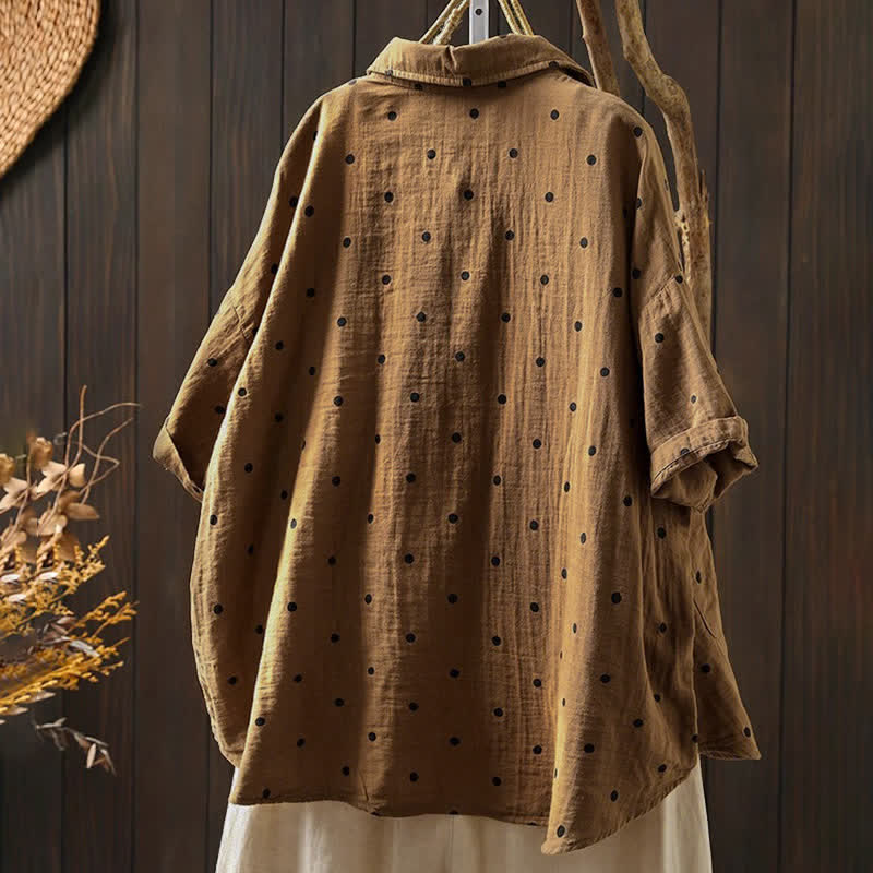 Buddha Stones Women's Commute Short Sleeve Polka Dot Lapel Cotton Shirt With Pockets - image 15