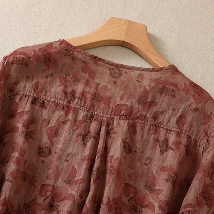 Buddha Stones Commute Floral Crew Neck Pleated Design Puff Short Sleeve Women's T-Shirt - image 15