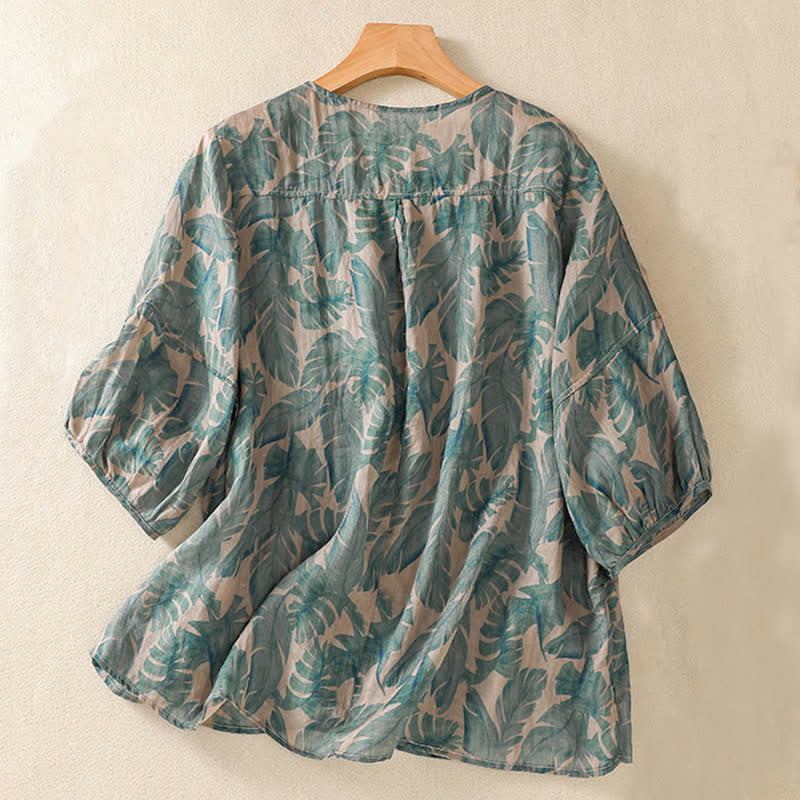 Buddha Stones Commute Floral Crew Neck Pleated Design Puff Short Sleeve Women's T-Shirt - image 1