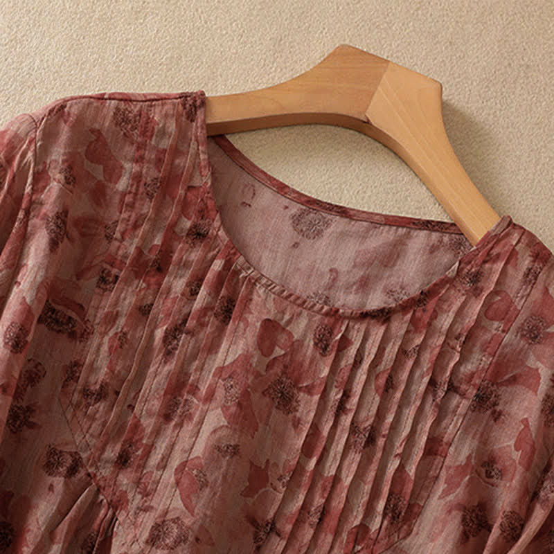 Buddha Stones Commute Floral Crew Neck Pleated Design Puff Short Sleeve Women's T-Shirt - image 14