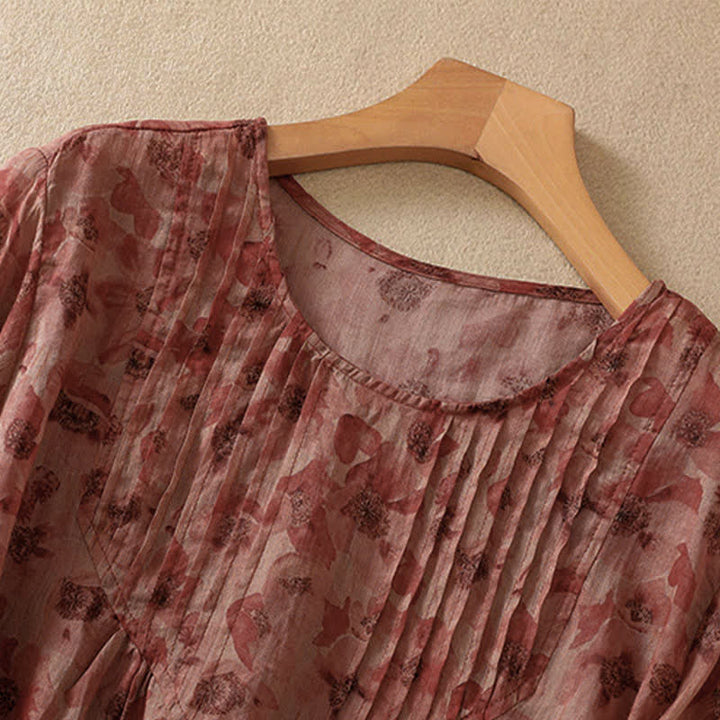 Buddha Stones Commute Floral Crew Neck Pleated Design Puff Short Sleeve Women's T-Shirt - image 14