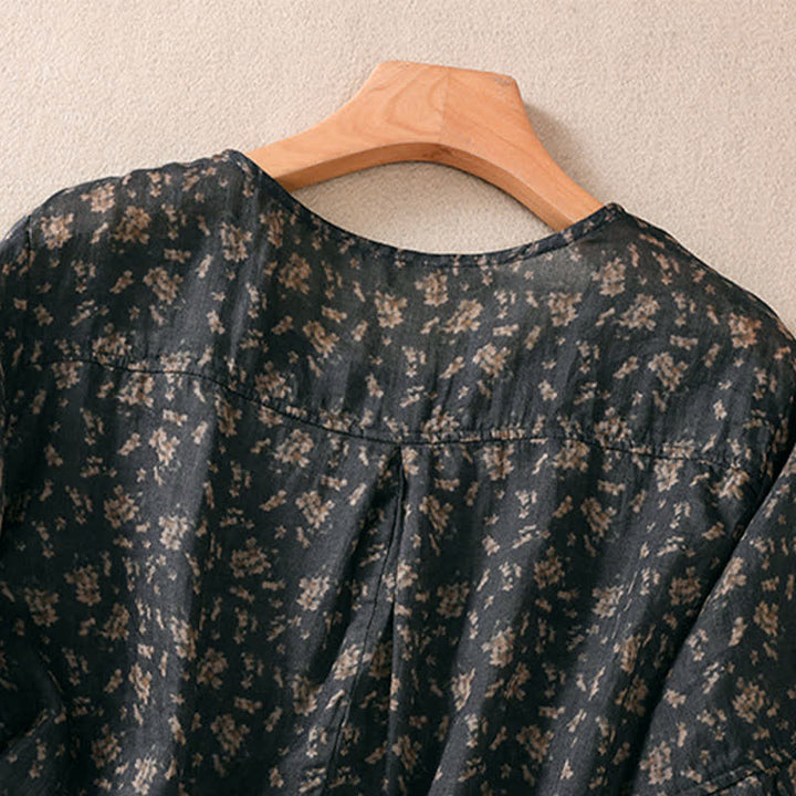 Buddha Stones Commute Floral Crew Neck Pleated Design Puff Short Sleeve Women's T-Shirt - image 9