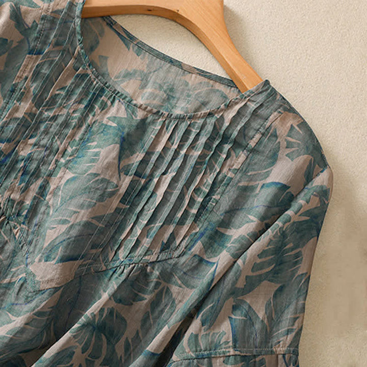 Buddha Stones Commute Floral Crew Neck Pleated Design Puff Short Sleeve Women's T-Shirt - image 3