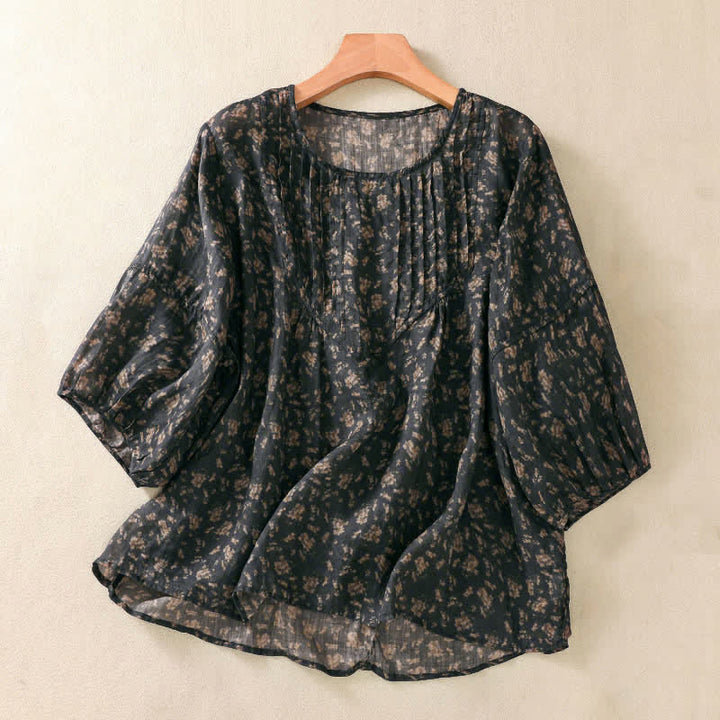 Buddha Stones Commute Floral Crew Neck Pleated Design Puff Short Sleeve Women's T-Shirt - Black - US8-10，UK/AU12-14，EU40-42 (2XL) - image 7