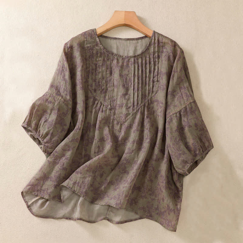 Buddha Stones Commute Floral Crew Neck Pleated Design Puff Short Sleeve Women's T-Shirt - RosyBrown - US8-10，UK/AU12-14，EU40-42 (2XL) - image 19