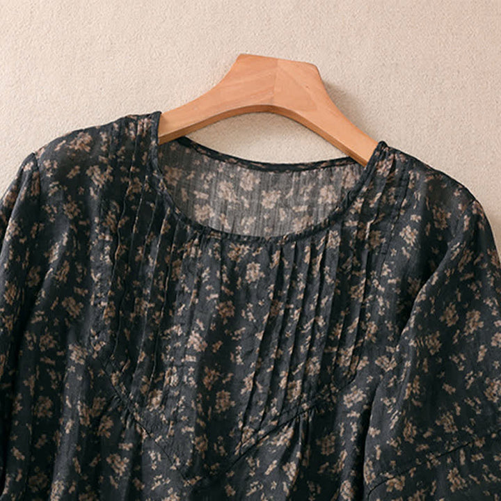 Buddha Stones Commute Floral Crew Neck Pleated Design Puff Short Sleeve Women's T-Shirt - image 8