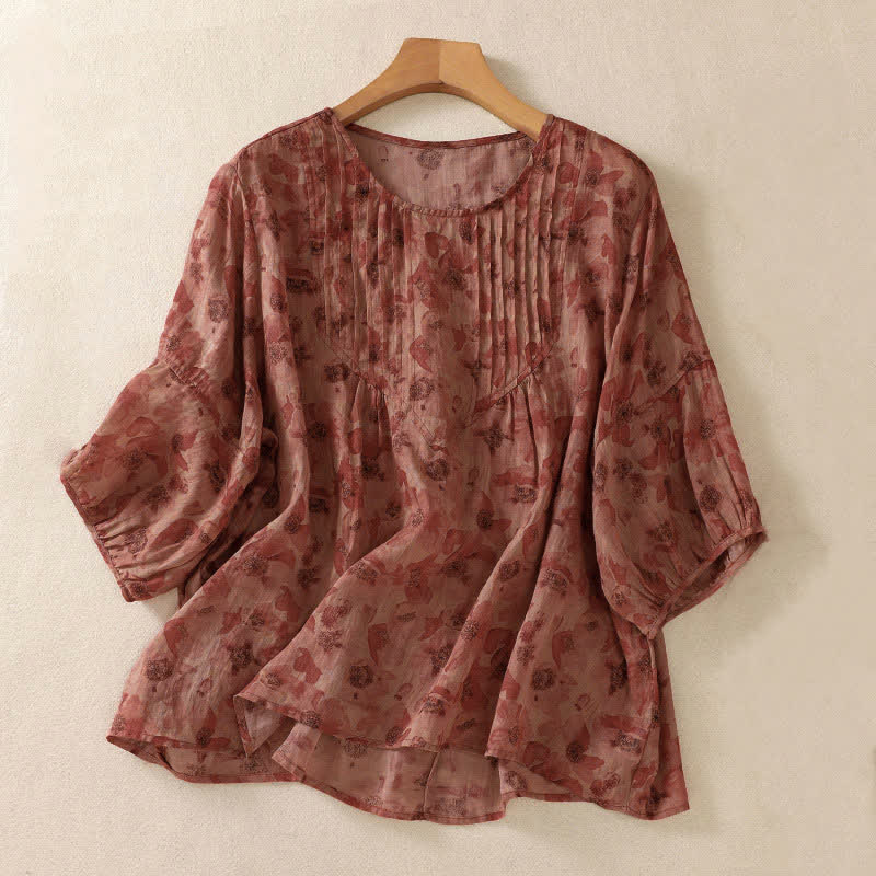 Buddha Stones Commute Floral Crew Neck Pleated Design Puff Short Sleeve Women's T-Shirt - IndianRed - US8-10，UK/AU12-14，EU40-42 (2XL) - image 12
