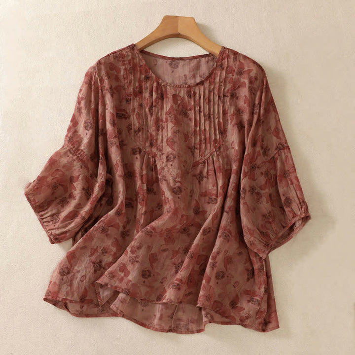 Buddha Stones Commute Floral Crew Neck Pleated Design Puff Short Sleeve Women's T-Shirt - IndianRed - US8-10，UK/AU12-14，EU40-42 (2XL) - image 12