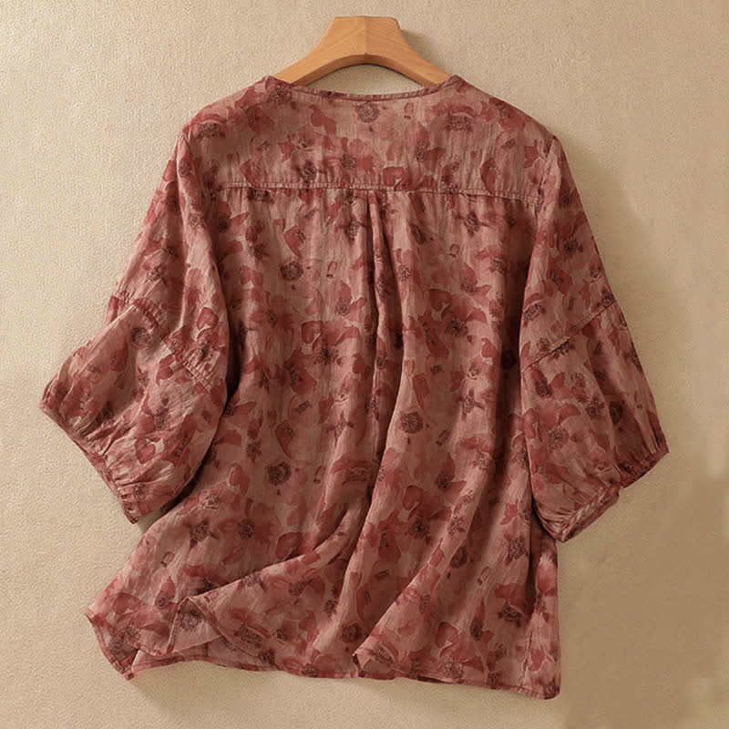 Buddha Stones Commute Floral Crew Neck Pleated Design Puff Short Sleeve Women's T-Shirt - image 13