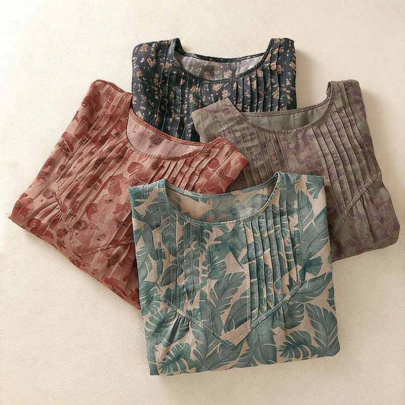 Buddha Stones Commute Floral Crew Neck Pleated Design Puff Short Sleeve Women's T-Shirt - image 24